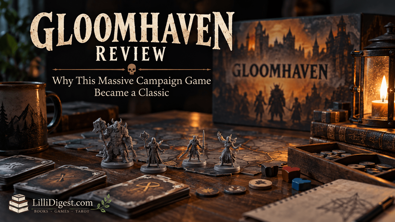 Gloomhaven review banner with fantasy miniatures, dungeon tiles, cards and game pieces on a lantern-lit tabletop, with the title “Gloomhaven Review: Why This Massive Campaign Game Became a Classic” and LilliDigest.com branding.