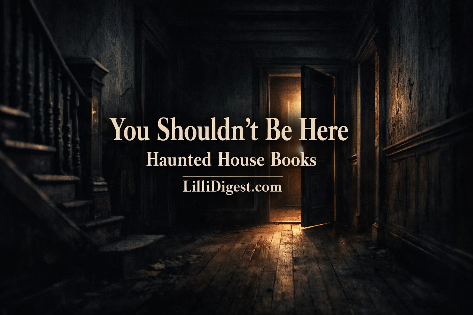 Dark, eerie hallway inside a haunted house with an open door glowing at the end, featuring the text “You Shouldn’t Be Here – Haunted House Books – LilliDigest.com
