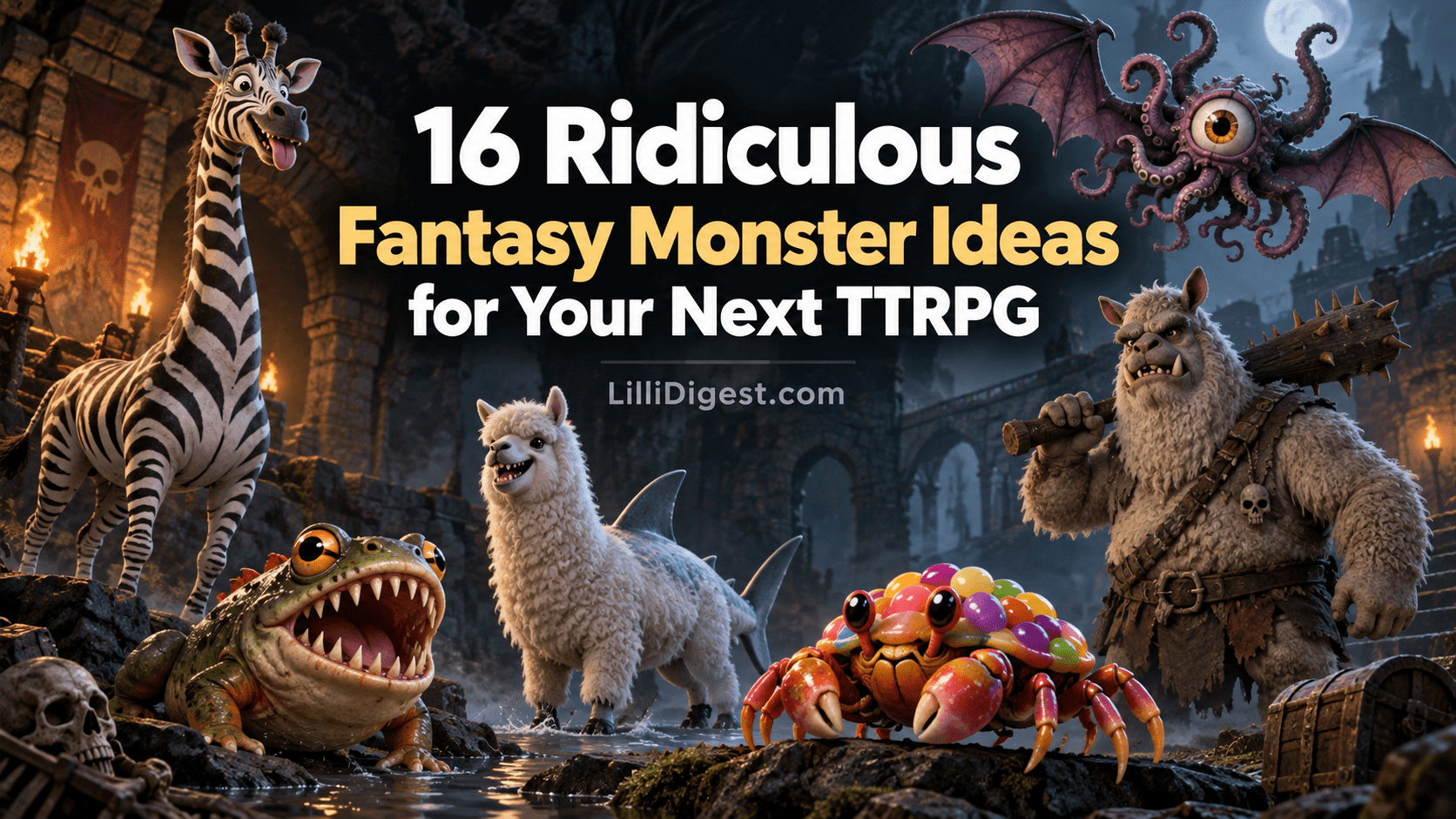 Ridiculous fantasy monsters in a dungeon, including a zebra giraffe, piranha frog, alpaca shark, colorful crab and llama ogre, with the title “16 Ridiculous Fantasy Monster Ideas for Your Next TTRPG” and LilliDigest.com branding.