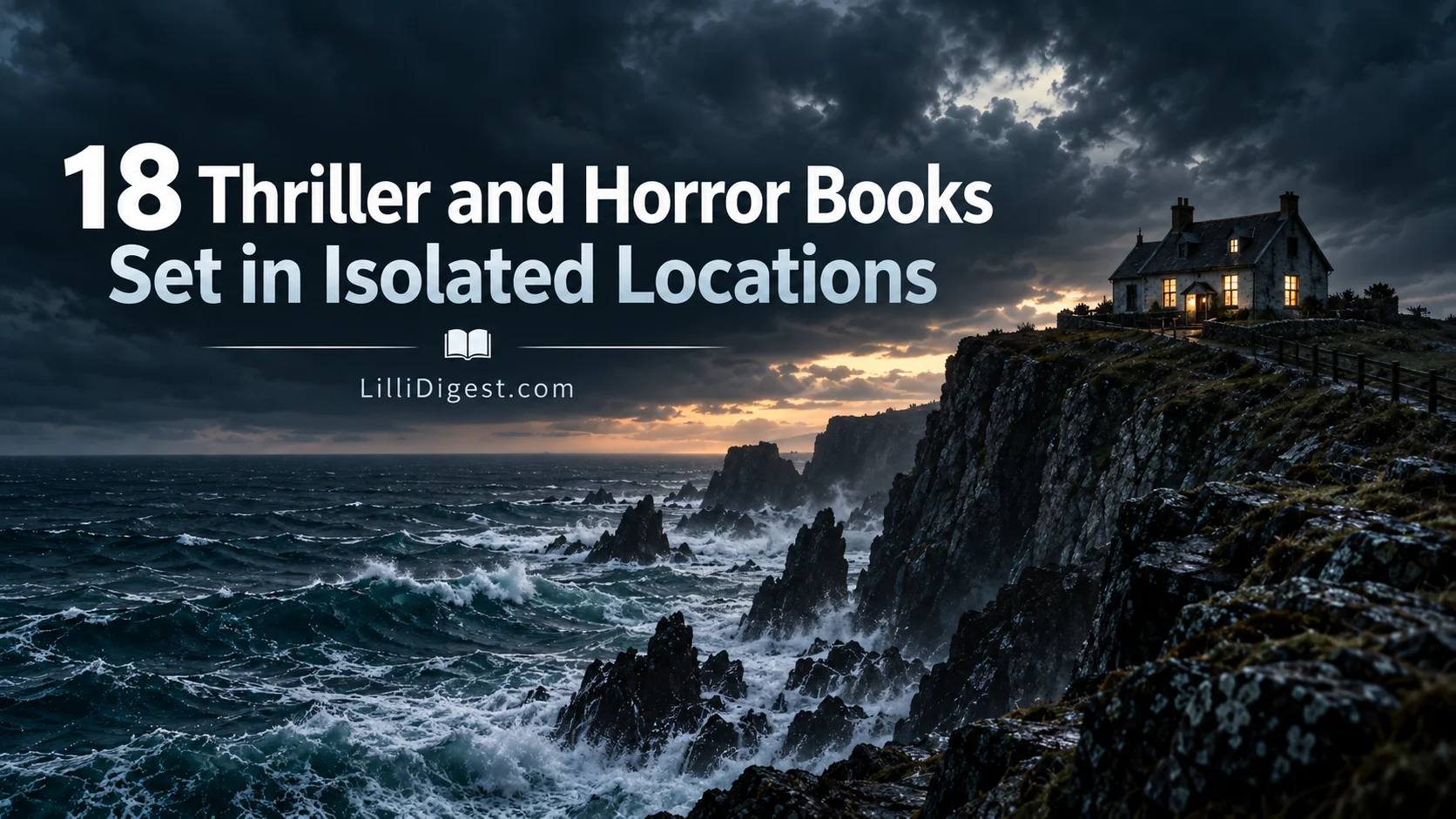 Stormy coastal house above rough ocean waves with the text “18 Thriller and Horror Books Set in Isolated Locations” and LilliDigest.com branding.