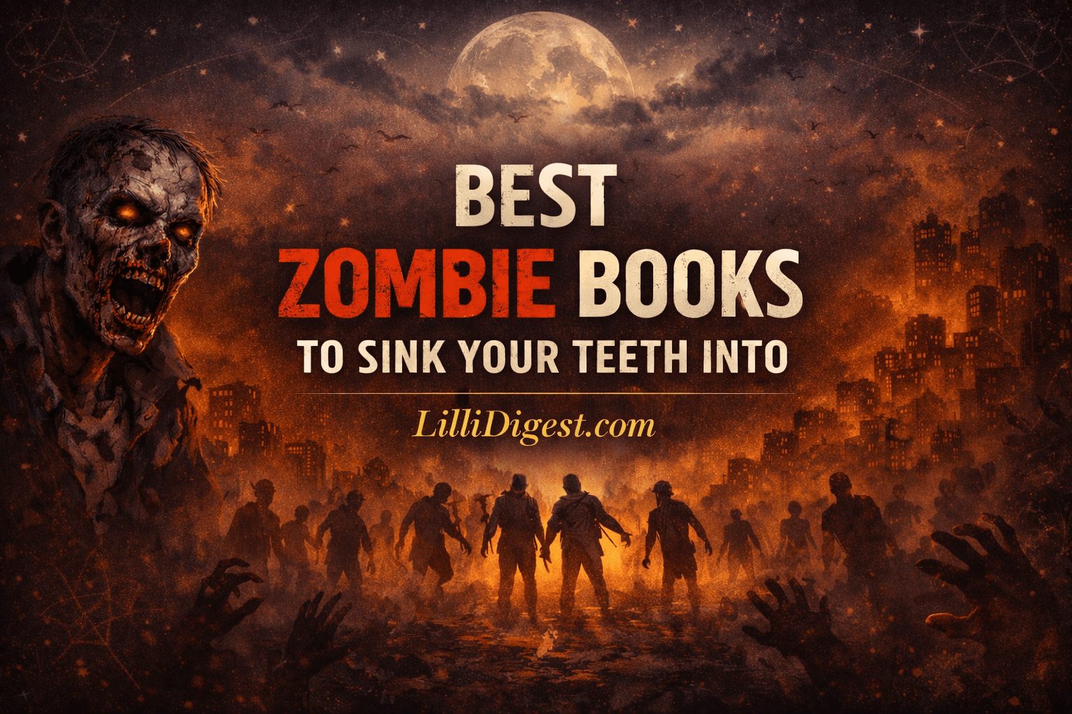 Dark, gothic-style banner featuring the text “Best Zombie Books to Sink Your Teeth Into” centered over a fiery, post-apocalyptic cityscape. A full moon glows through smoky clouds while shadowy zombie figures gather below, with a decaying zombie face on the left and subtle celestial textures (stars and linework) overlaying the scene. The text “LilliDigest.com” appears beneath the title.