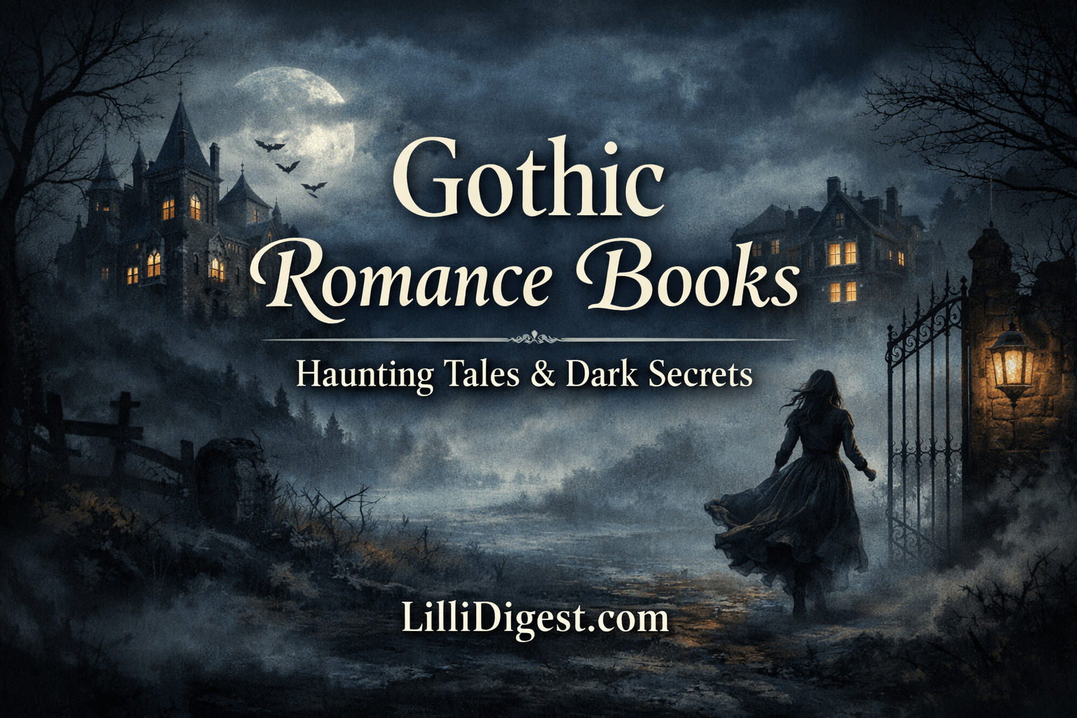 Gothic romance books banner featuring a dark misty landscape with two looming mansions, a woman in a flowing dress walking toward an iron gate, and a glowing lantern under a full moon, with the title centered and LilliDigest.com at the bottom.