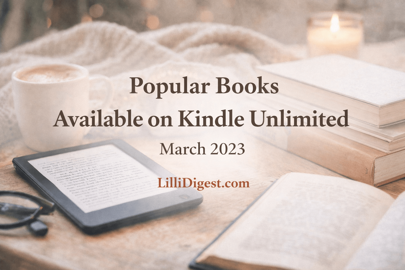 Cozy reading scene with an e-reader, stacked books, coffee mug, and candle on a table, with centered text reading “Popular Books Available on Kindle Unlimited – March 2023” and “LilliDigest.com.”