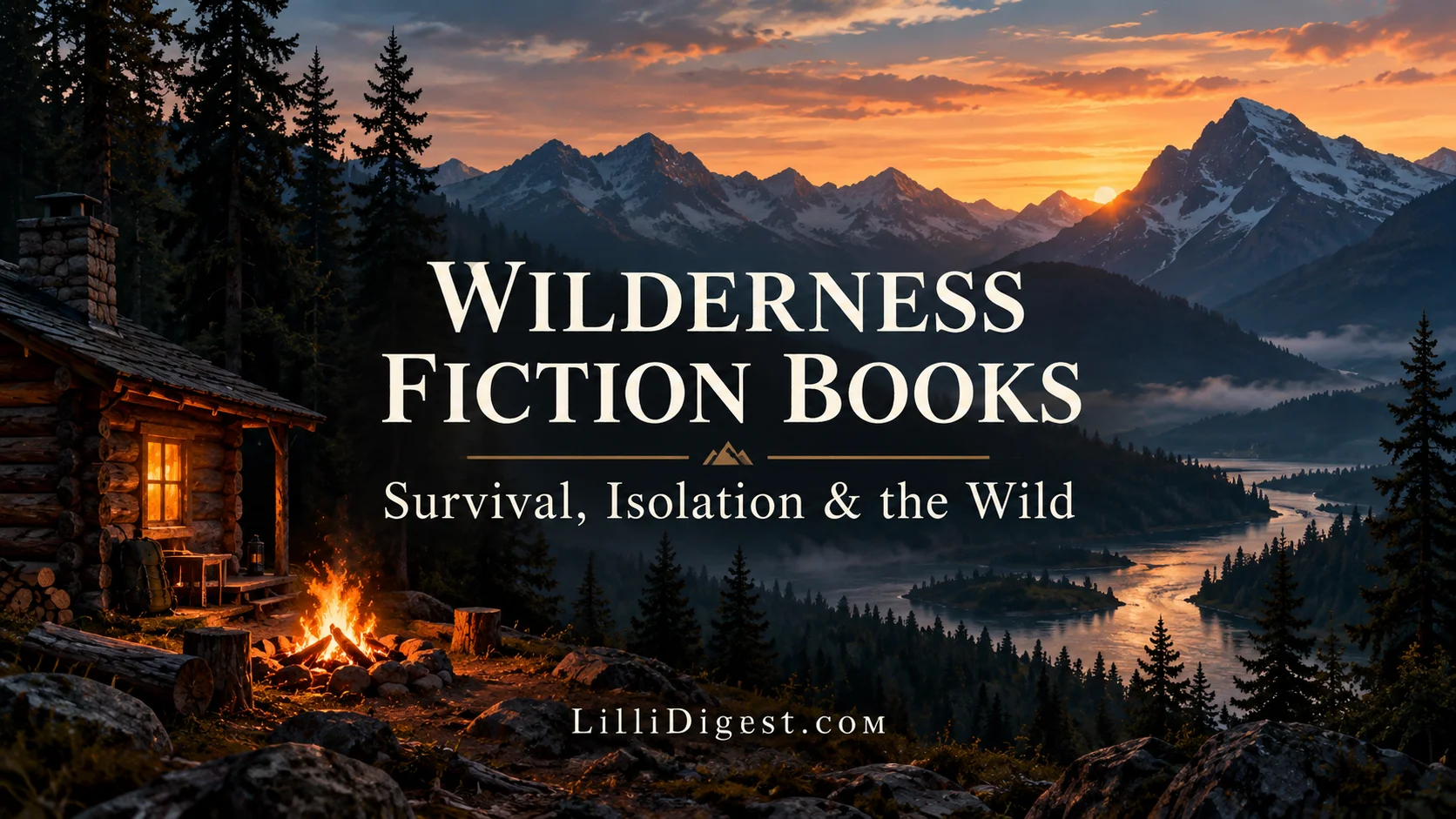 Featured image for 15 wilderness fiction books showing a remote cabin, campfire, mountains, forest and river with the text Wilderness Fiction Books: Survival, Isolation & the Wild and LilliDigest.com branding.