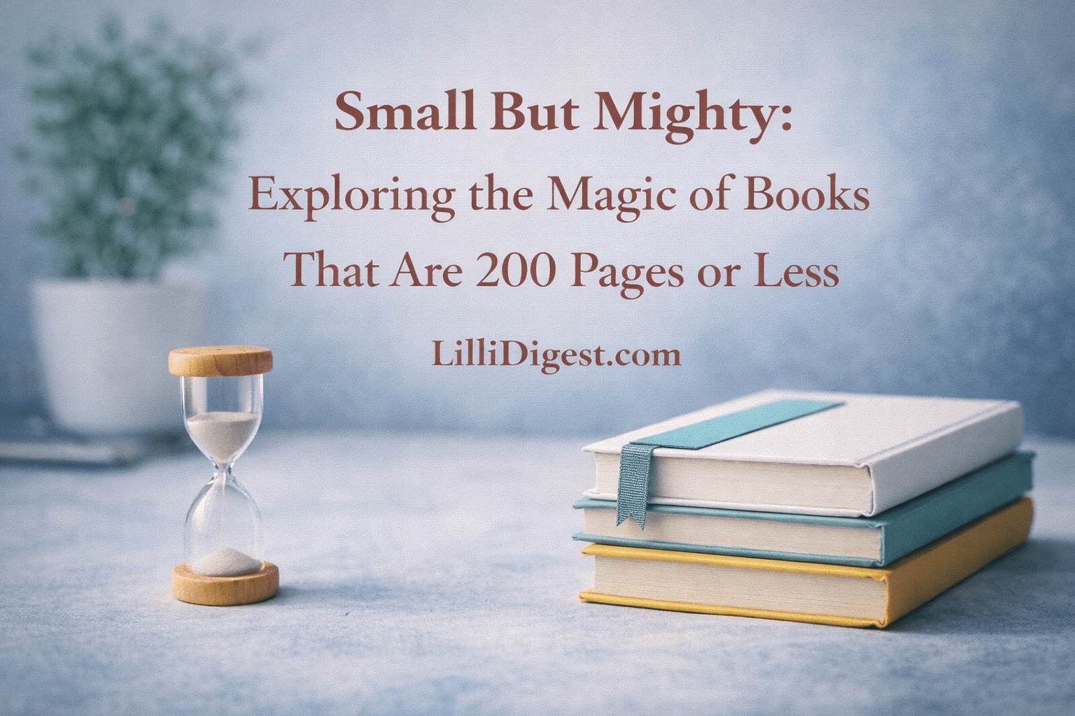 Minimalist scene with a small hourglass and a stack of thin books with a bookmark on a blue-gray background, with centered text reading “Small But Mighty: Exploring the Magic of Books That Are 200 Pages or Less” and “LilliDigest.com.”