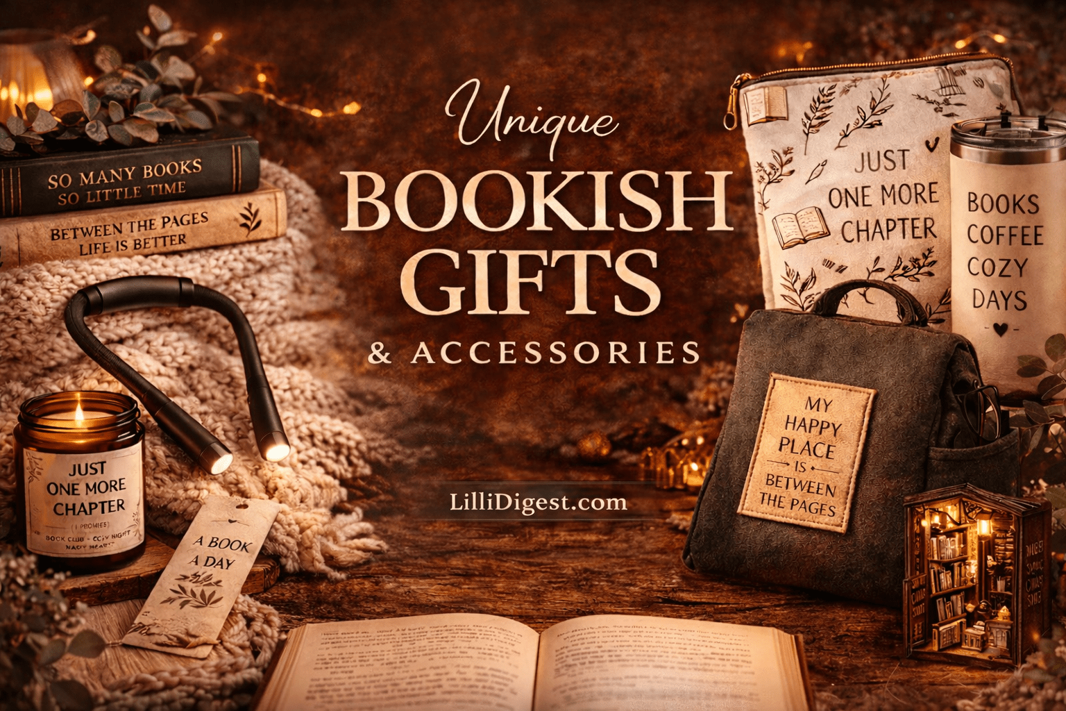 Unique bookish gifts and accessories banner featuring cozy reading items like books, candle, reading light, book sleeve, and tumbler in a warm aesthetic for book lovers