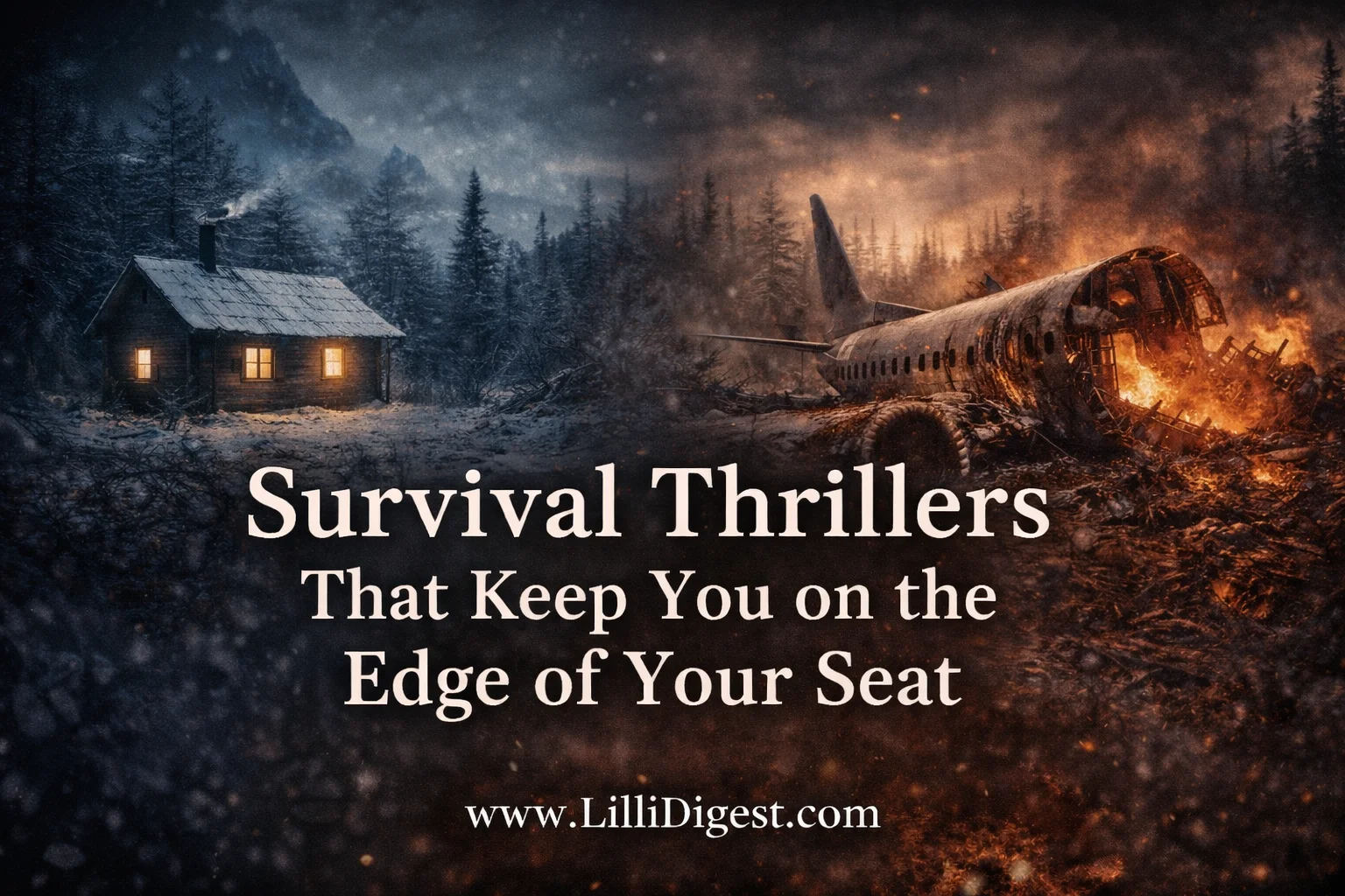 Moody survival thriller banner showing a snow-covered cabin on one side and a burning crashed airplane in a forest on the other, with the title “Survival Thrillers That Keep You on the Edge of Your Seat” and the website LilliDigest.com centered.