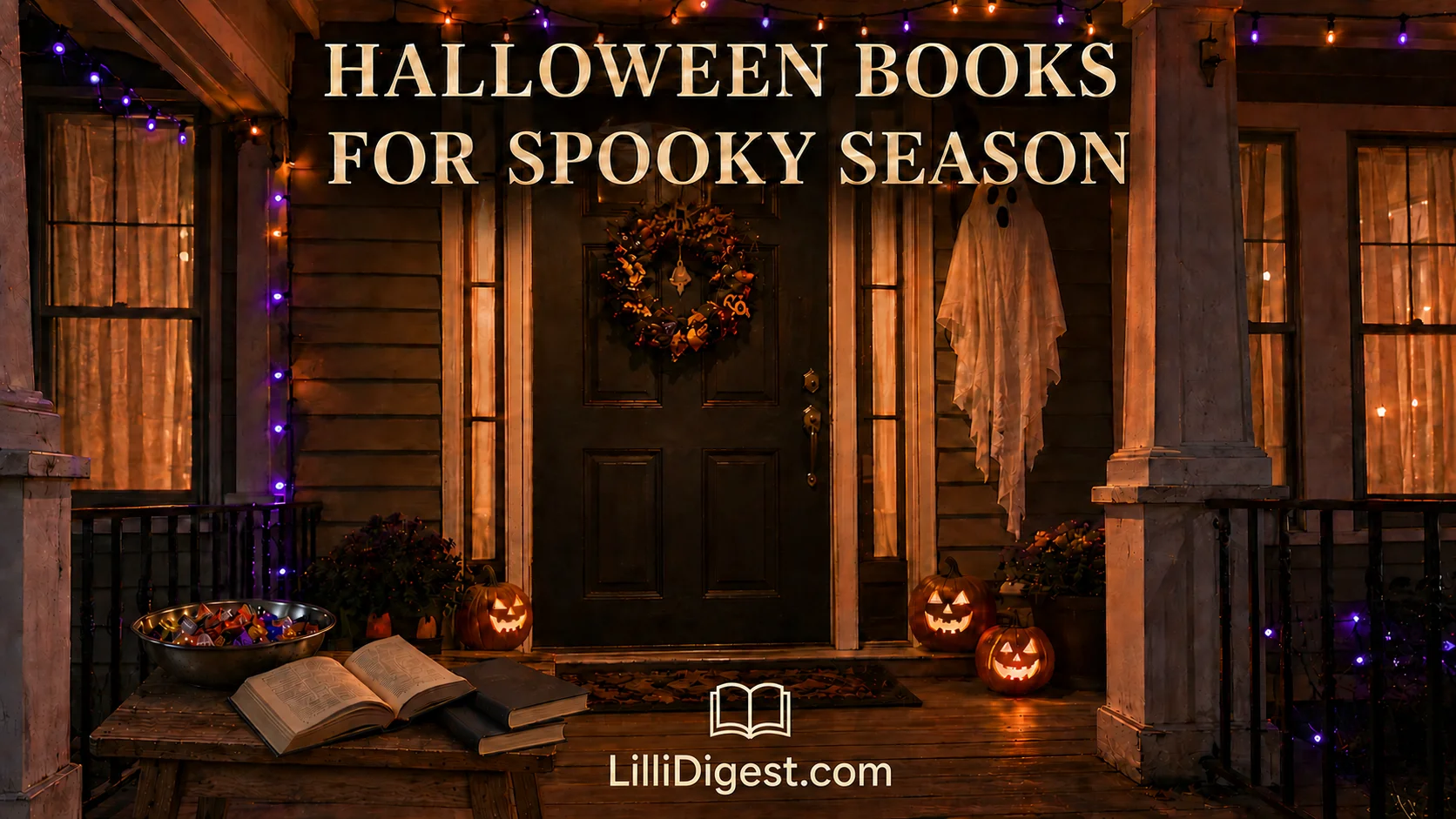 Decorated Halloween porch with glowing pumpkins, an open book, stacked books, and a bowl of candy beneath the title “Halloween Books for Spooky Season.”