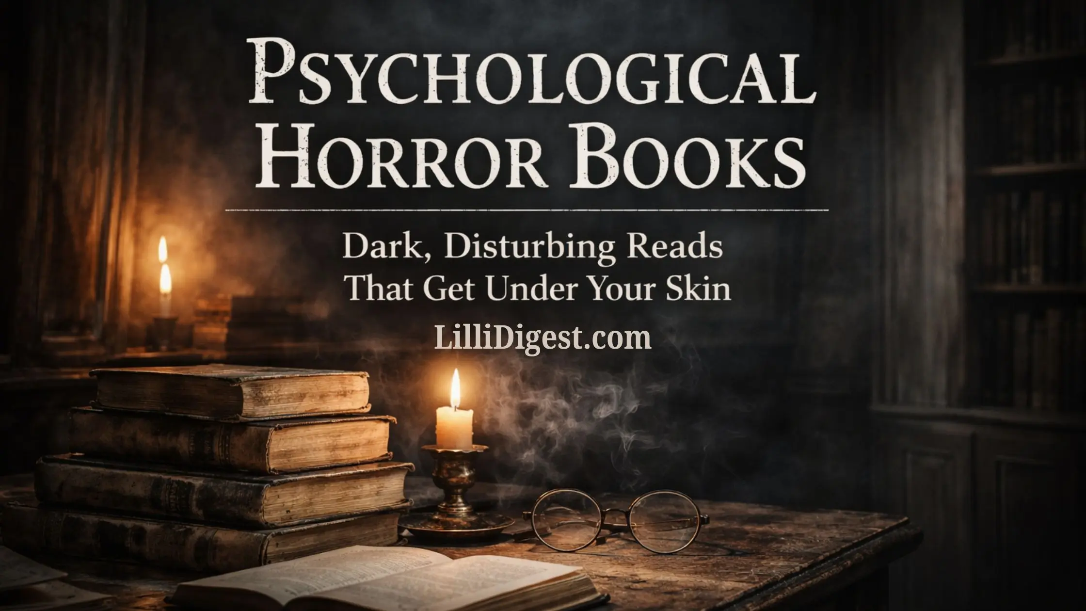 Featured image showing a dark, candlelit reading desk with stacked books and glasses, representing psychological horror books and unsettling reads.