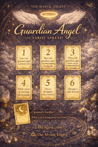 Pinterest-style tarot spread graphic titled “Guardian Angel Tarot Spread” by The Mystic Digest, showing six identical tarot cards arranged in two rows with the prompts written inside each card. The background features a dark, starry, celestial tarot-themed scene with subtle sigils, candles, crystals, angel wings, and a glowing halo above the title. The image includes the text “LilliDigest.com” and “The Mystic Digest,” with an optional clarifier card shown below the spread.