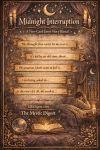 Vintage storybook-style Pinterest graphic titled “Midnight Interruption: A Five-Card Tarot Story Ritual” featuring parchment scroll prompts, candles, crescent moon, and a figure sitting awake in bed at night. Includes LilliDigest.com and The Mystic Digest branding.