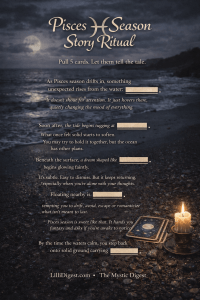 Vertical graphic for a Pisces tarot spread titled “Tarot Story Rituals – Pisces.” The image shows a dark, moody shoreline at night with waves under a cloudy moonlit sky. In the foreground, a lit candle in a brass holder and a small stack of tarot cards rest on a pebble beach beside seashells. The Pisces symbol appears above the word “Pisces,” and the text reads “Pull cards. Fill the blanks. Tell a tale.” along with LilliDigest.com and The Mystic Digest.