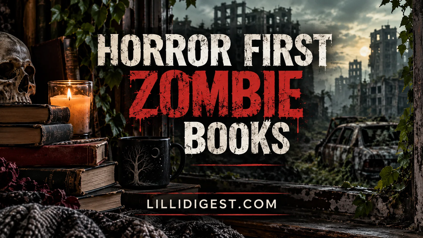 Featured image for Horror First Zombie Books showing old books, a candle, a dark mug, and a ruined post-apocalyptic city, with LilliDigest.com branding.