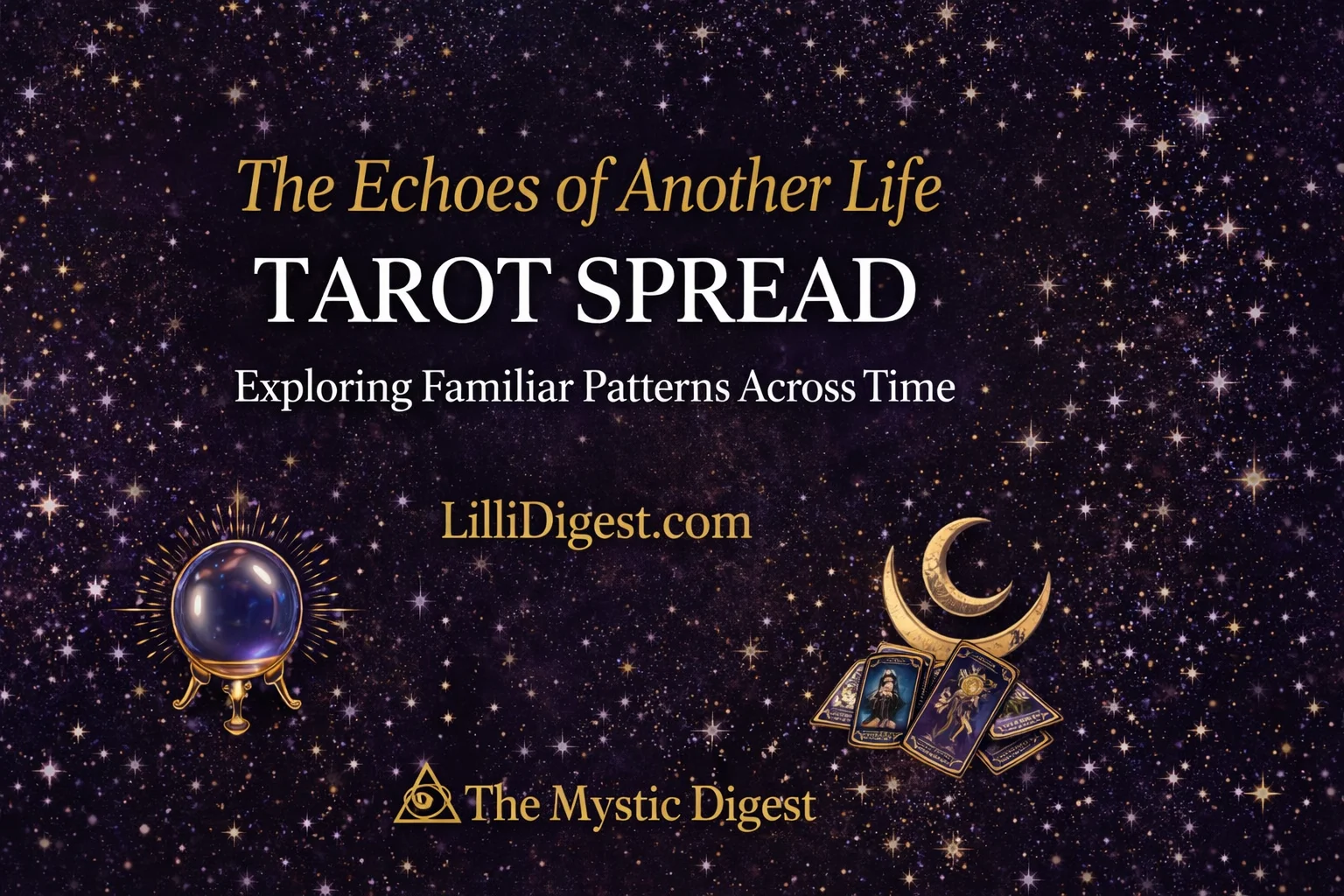Featured blog banner for “The Echoes of Another Life Tarot Spread: Exploring Familiar Patterns Across Time” showing a star-filled night sky with cosmic purples and golds. Centered text displays the title, “The Mystic Digest,” and “LilliDigest.com,” with mystical tarot elements including a crystal ball, crescent moon, and tarot cards.