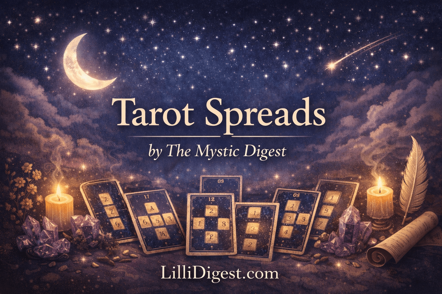 Tarot spreads library banner by The Mystic Digest with moonlit sky, tarot cards, candles, crystals, and the website LilliDigest.com displayed in centered text