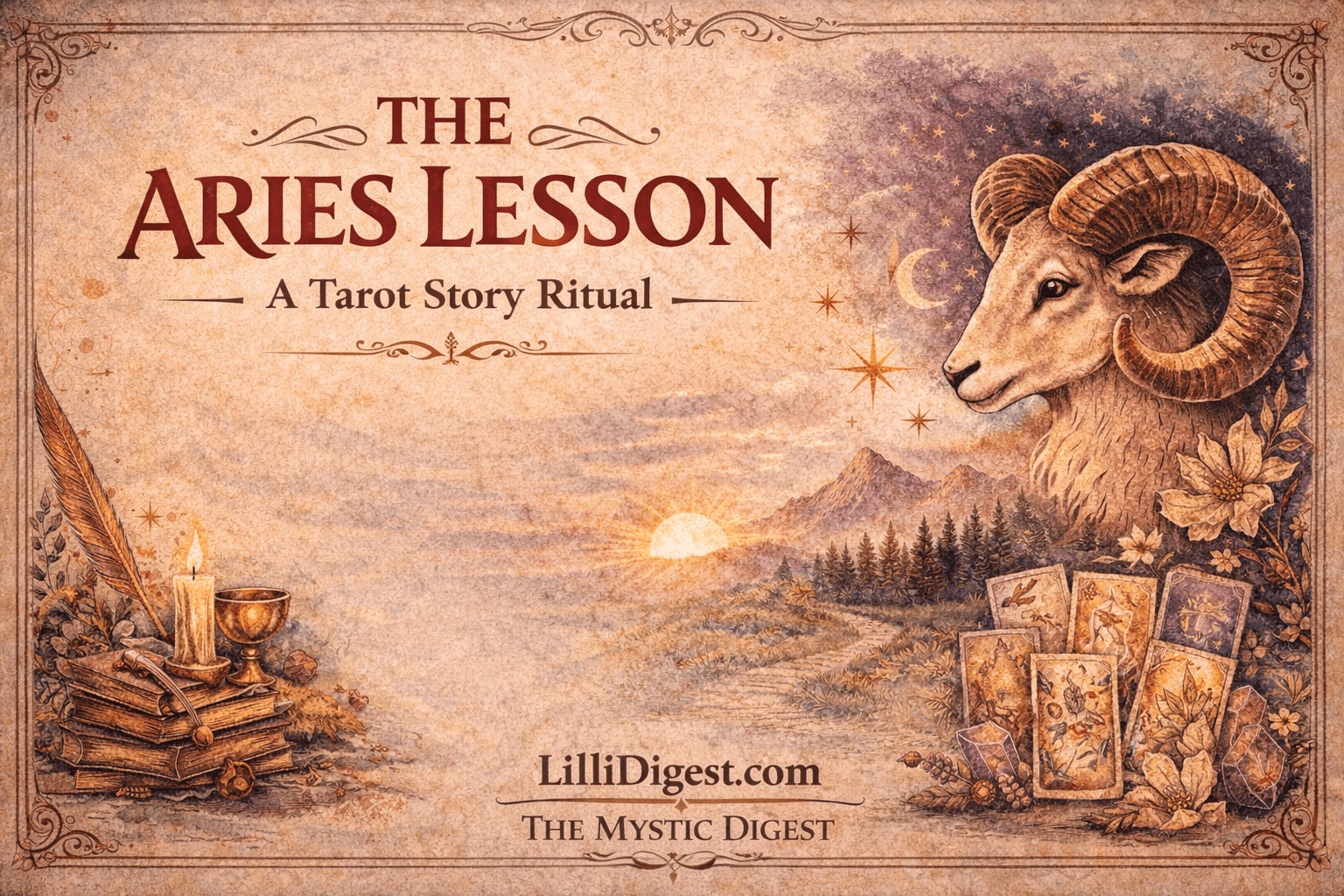 Featured banner for “The Aries Lesson: A Tarot Story Ritual” showing a parchment-style tarot-themed illustration with an Aries ram, sunrise over mountains, mystical objects, and the title centered, with LilliDigest.com and The Mystic Digest at the bottom.