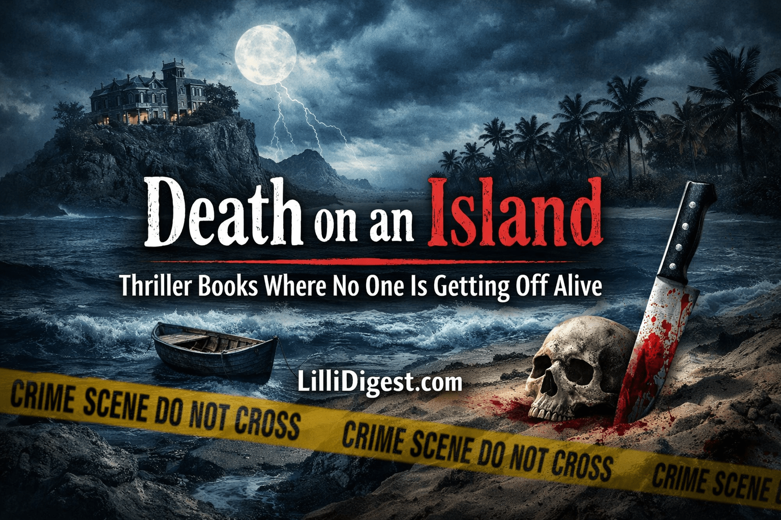 Dark, moody island thriller banner featuring a stormy beach, a cliffside mansion under a full moon, and crashing waves. In the foreground, a blood-stained knife and skull sit in the sand beside crime scene tape. Centered text reads “Death on an Island: Thriller Books Where No One Is Getting Off Alive” with LilliDigest.com below.