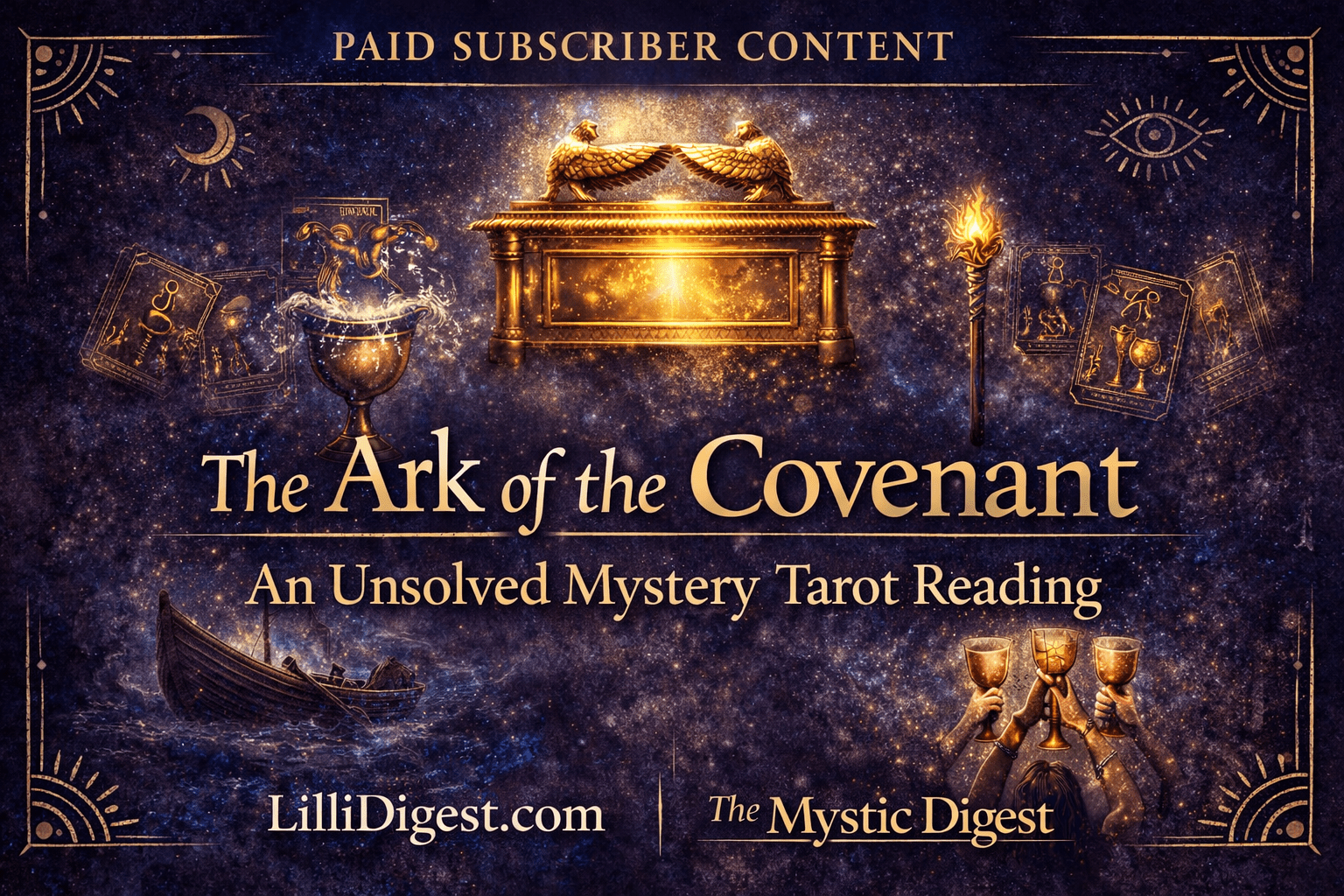 Banner for “The Ark of the Covenant: An Unsolved Mystery Tarot Reading” showing a glowing Ark of the Covenant against a dark celestial background with tarot symbols, chalice, torch, boat, and raised cups, labeled paid subscriber content from The Mystic Digest on LilliDigest.com.