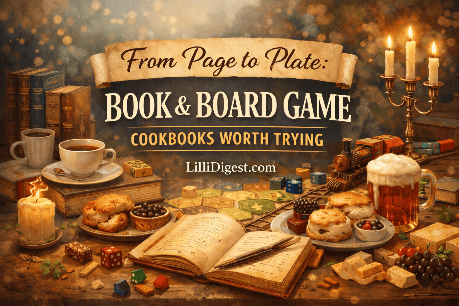 Cozy blog banner featuring book and board game cookbooks with tea, pastries, and game pieces, titled “From Page to Plate: Book & Board Game Cookbooks Worth Trying” with LilliDigest.com branding.