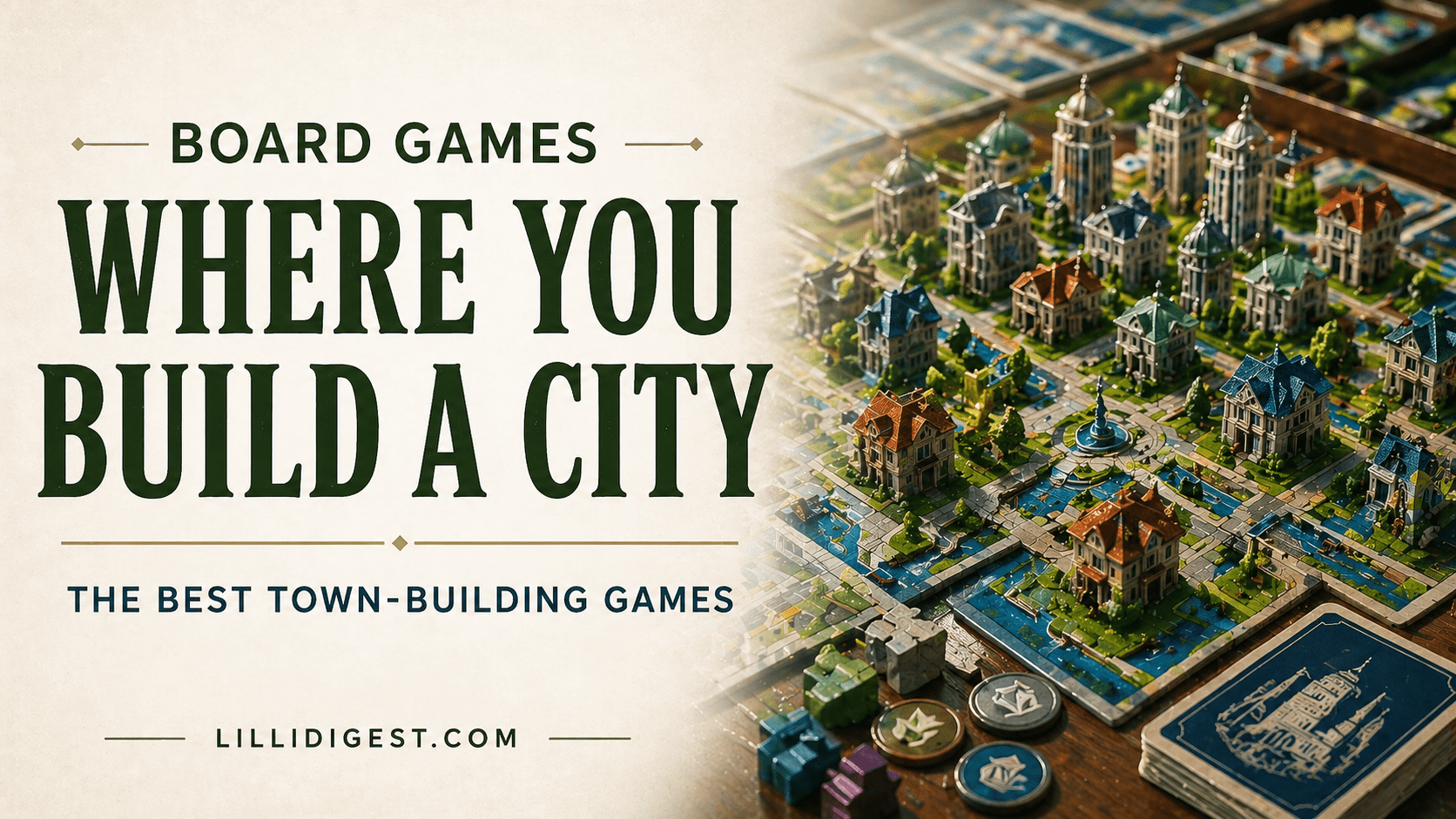 Clean blog banner showing a city-building board game setup with miniature buildings and tiles, alongside the text “Board Games Where You Build a City – The Best Town-Building Games” and LilliDigest.com.