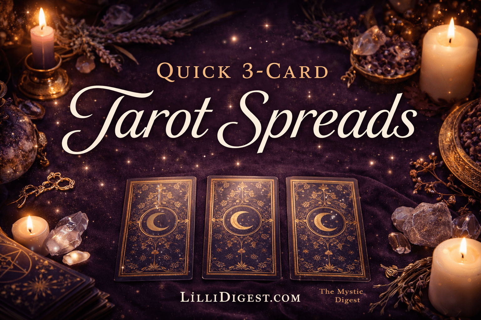 Quick 3 card tarot spreads banner with mystical tarot cards and candles