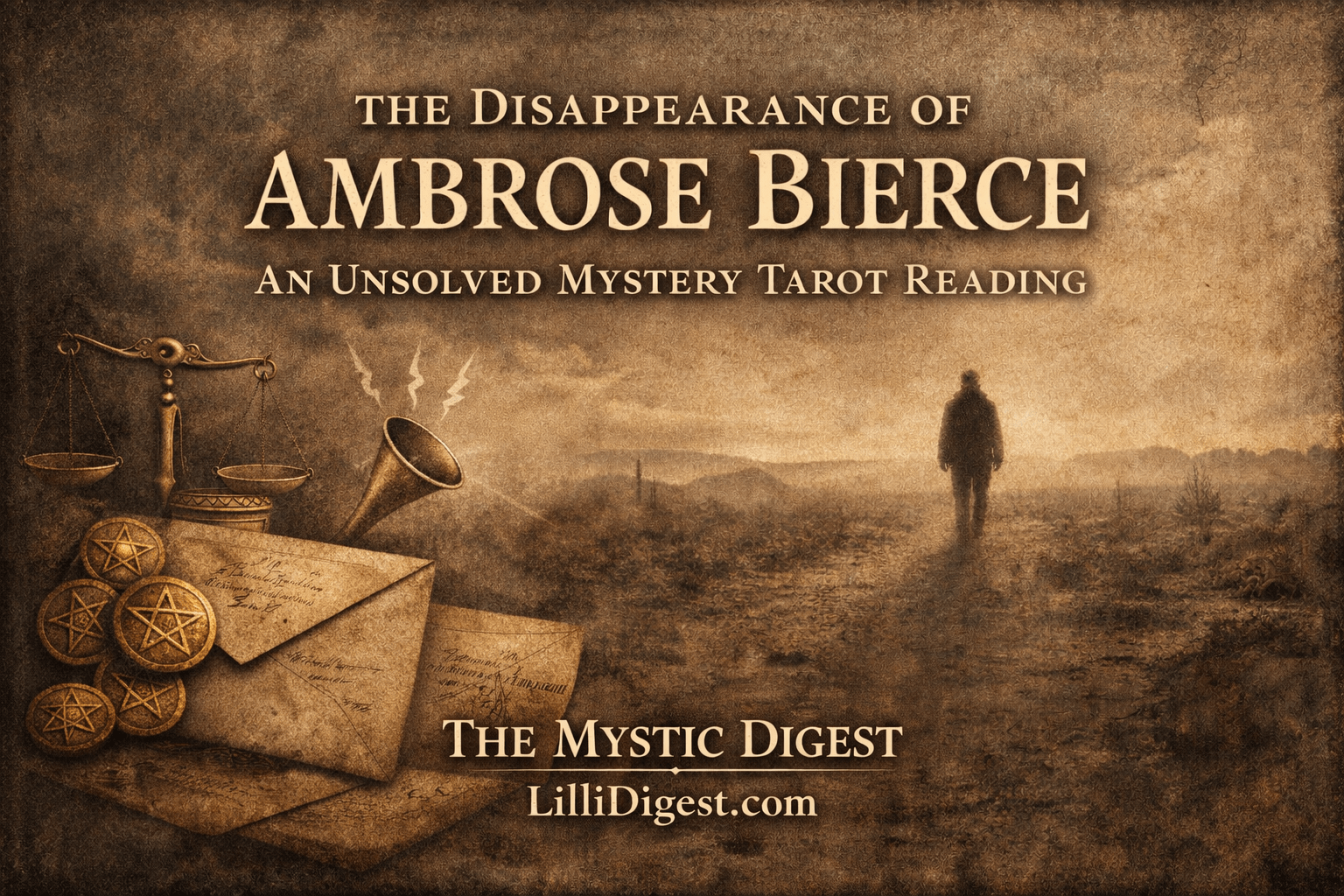 Gothic tarot-themed banner showing a lone figure disappearing into a desert, with pentacles, scales, and a trumpet, titled The Disappearance of Ambrose Bierce by The Mystic Digest.