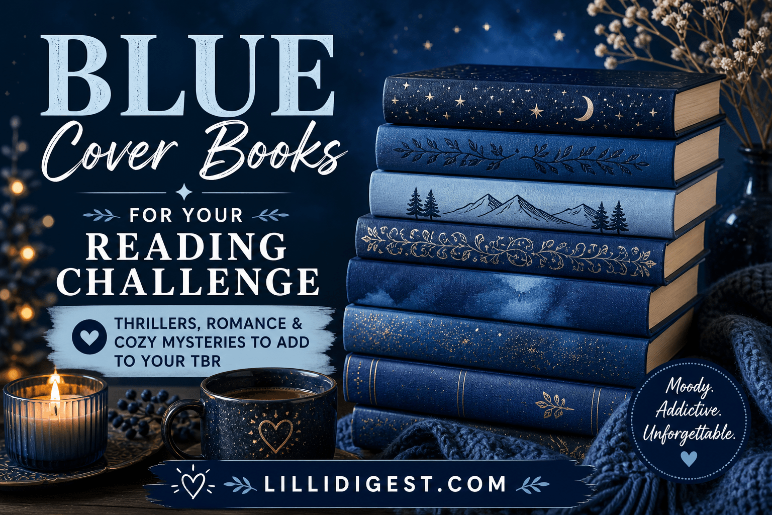 Blue-toned featured image for a book blog post showing a stack of decorative blue books beside a lit candle and coffee mug, with text reading “Blue Cover Books for Your Reading Challenge” and LilliDigest.com branding.