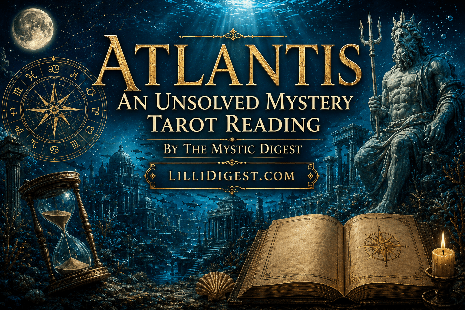 Featured blog banner for Atlantis: An Unsolved Mystery Tarot Reading by The Mystic Digest, showing a mystical underwater city inspired by Atlantis in deep blue and gold tones. Centered text appears above a banner displaying LilliDigest.com. The scene includes a large statue of Poseidon holding a trident, ancient ruins, a zodiac wheel, a moonlit sky, a tilted hourglass, and an open book with a compass rose beside a glowing candle, creating a tarot-inspired atmosphere of mystery and forgotten knowledge.