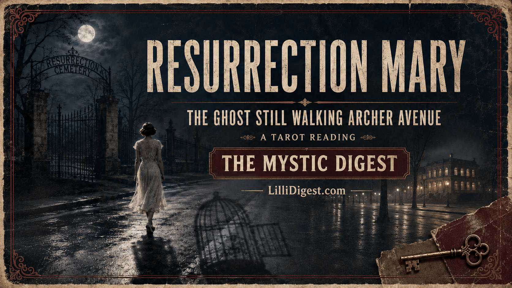 Vintage-style Resurrection Mary tarot reading banner showing a woman in a white dress walking toward Resurrection Cemetery, with a ballroom, open birdcage shadow and antique key.