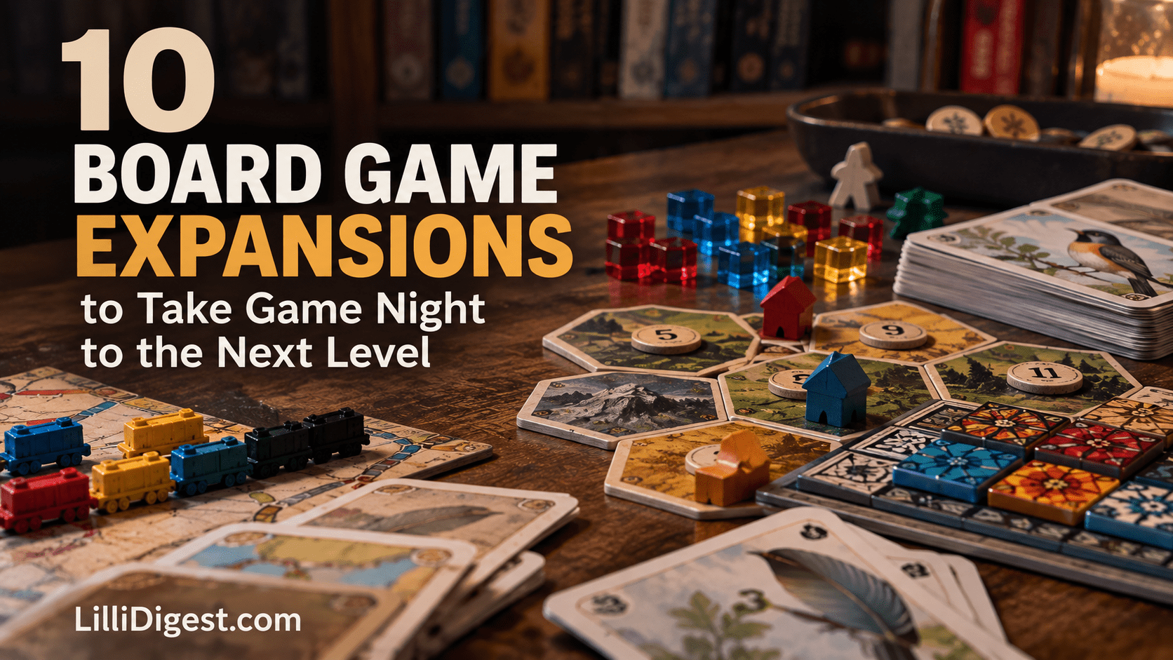 Board game pieces, trains, tiles, cards and colorful cubes arranged on a wooden table beneath the text “10 Board Game Expansions to Take Game Night to the Next Level,” with LilliDigest.com branding.