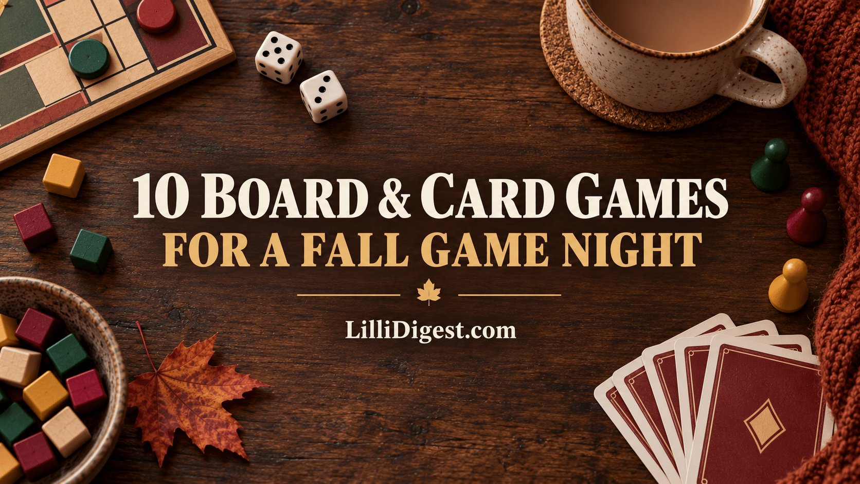 Board and card games arranged on a wooden table for a fall game night, with dice, pawns, cards, a warm mug and an autumn leaf.