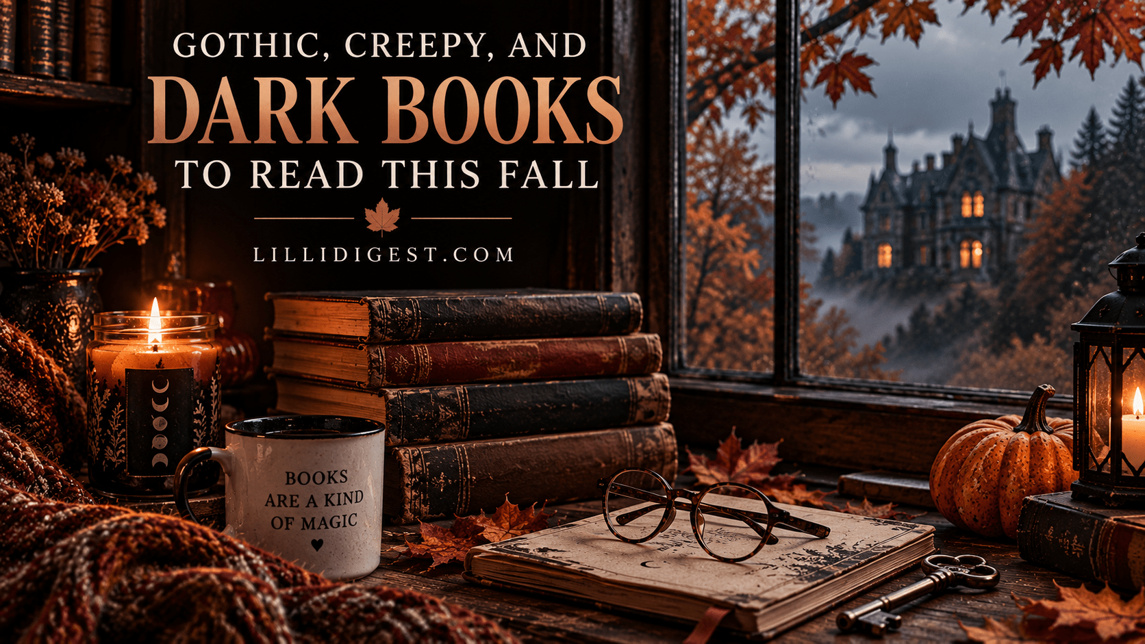 Gothic fall reading scene with vintage books, a candle, mug, glasses, antique key, autumn leaves, pumpkins, and a misty mansion, with LilliDigest.com branding.