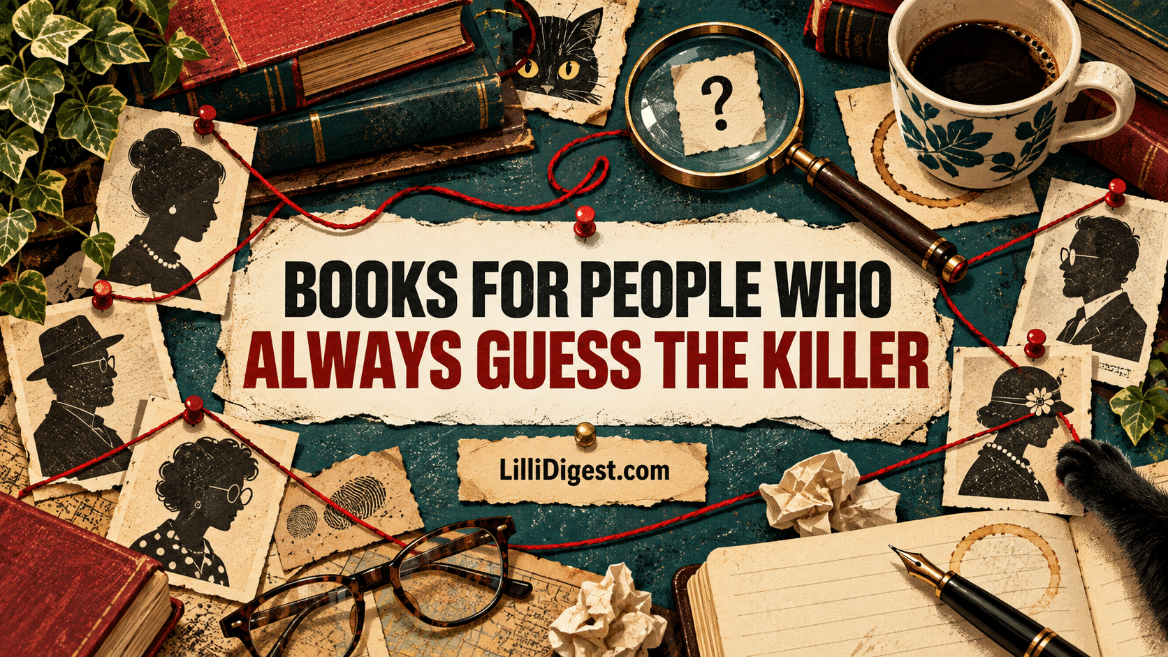 Illustrated mystery investigation board with books, suspect silhouettes, red string, a magnifying glass and a black cat, featuring the title “Books for People Who Always Guess the Killer” and LilliDigest.com branding.