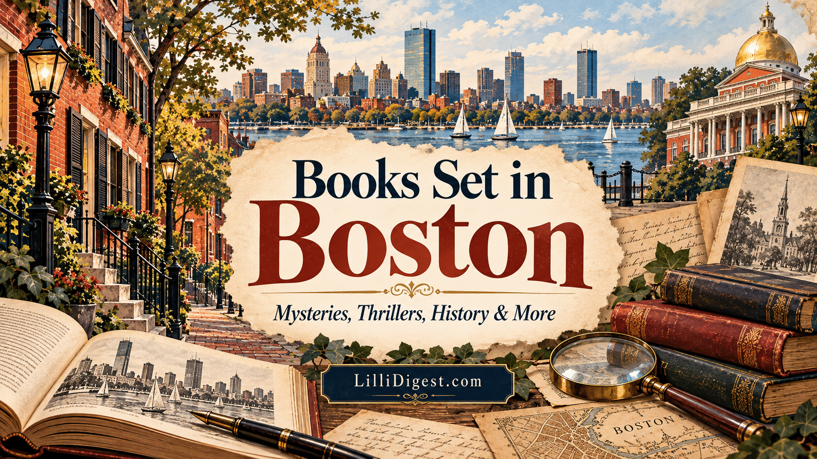 Illustrated Boston book banner with brick row houses, the Boston skyline and harbor, Massachusetts State House, open books, old maps, stacked books, and a magnifying glass, with the text “Books Set in Boston: Mysteries, Thrillers, History & More” and LilliDigest.com.