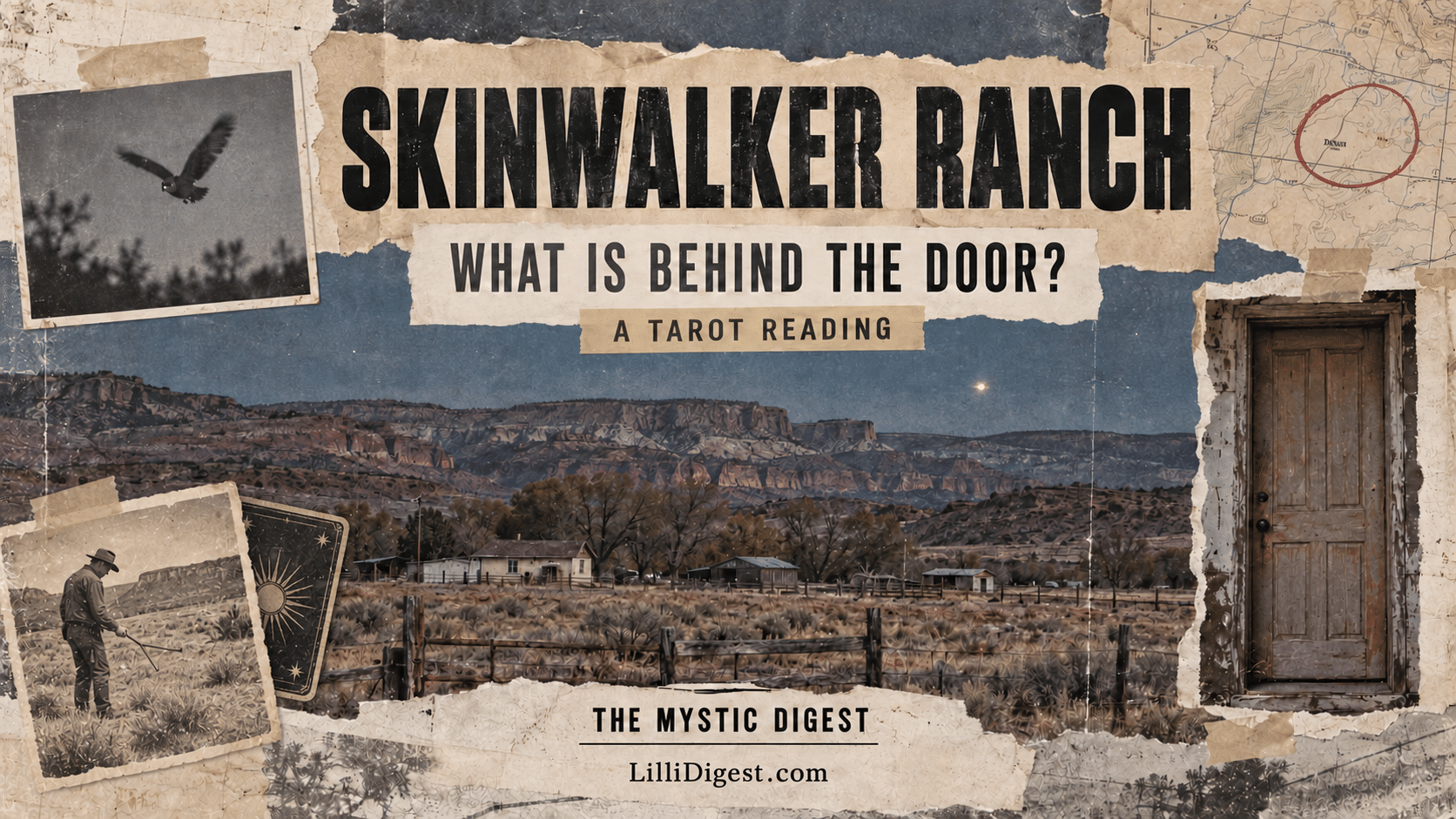 Skinwalker Ranch tarot reading banner featuring a Utah ranch, closed wooden door, owl, dowsing figure, map, and tarot card in an archival collage.